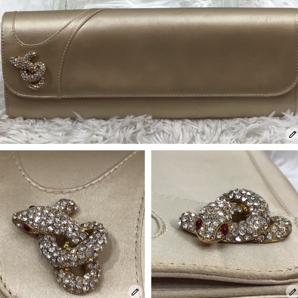 Vintage gold silk rhinestone snake evening clutch bag